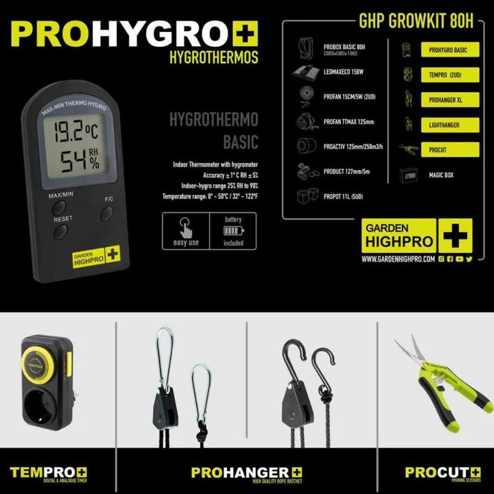 Garden Gigh Pro Growkit80H - Growing kit 80x80x180cm Hygrometer & Zubehör